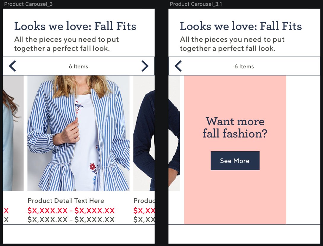 Carousel 3 vs 3.1 — 'Want more fall fashion?' CTA variant