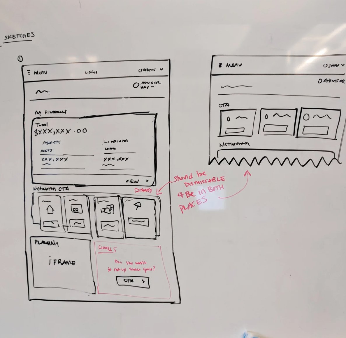 Dashboard sketches — my finances, networth CTA, planning iframe