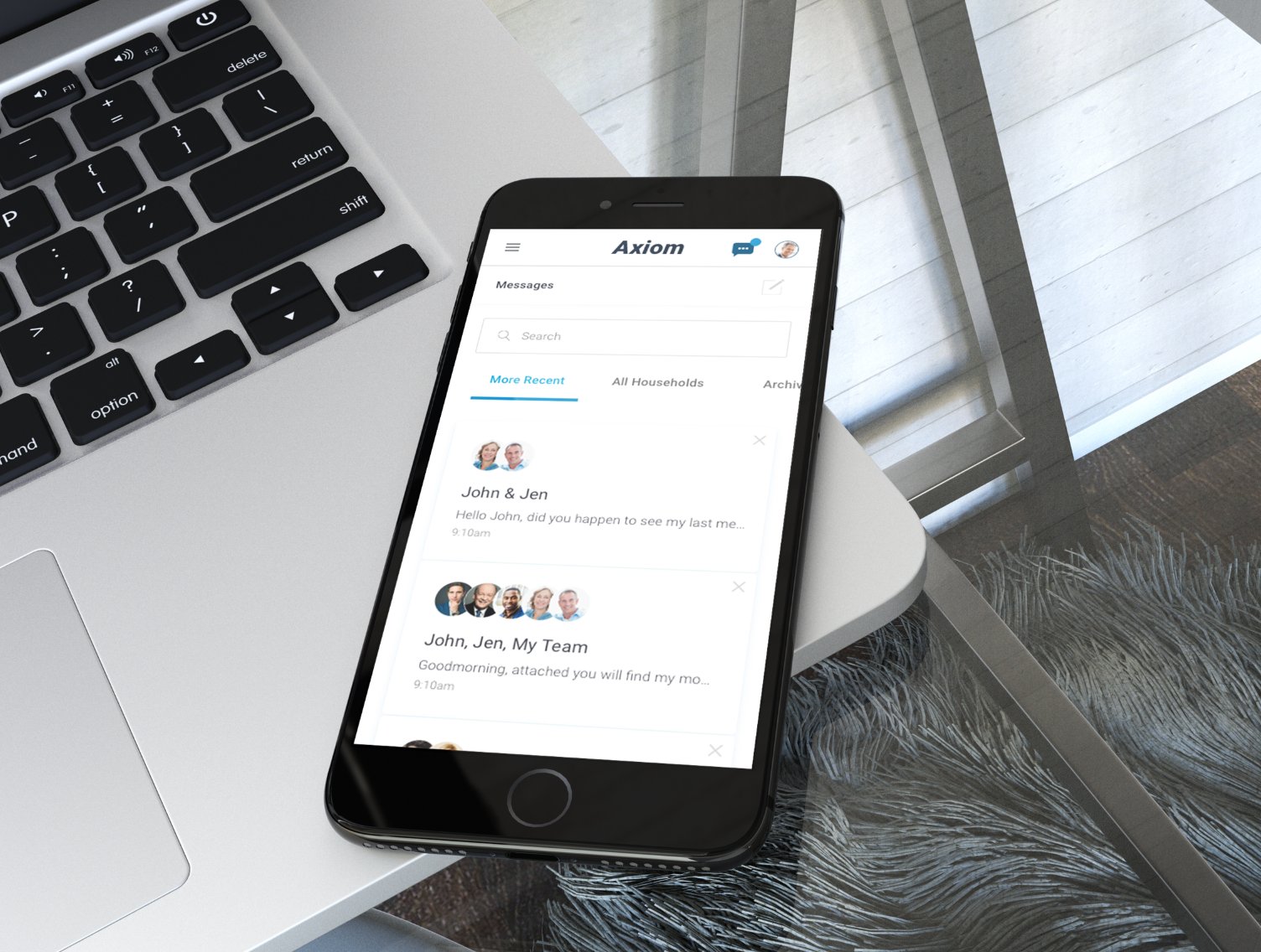 Axiom messaging — iPhone mockup