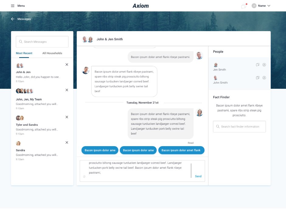 Axiom messaging desktop — thread view with People + Fact Finder panel