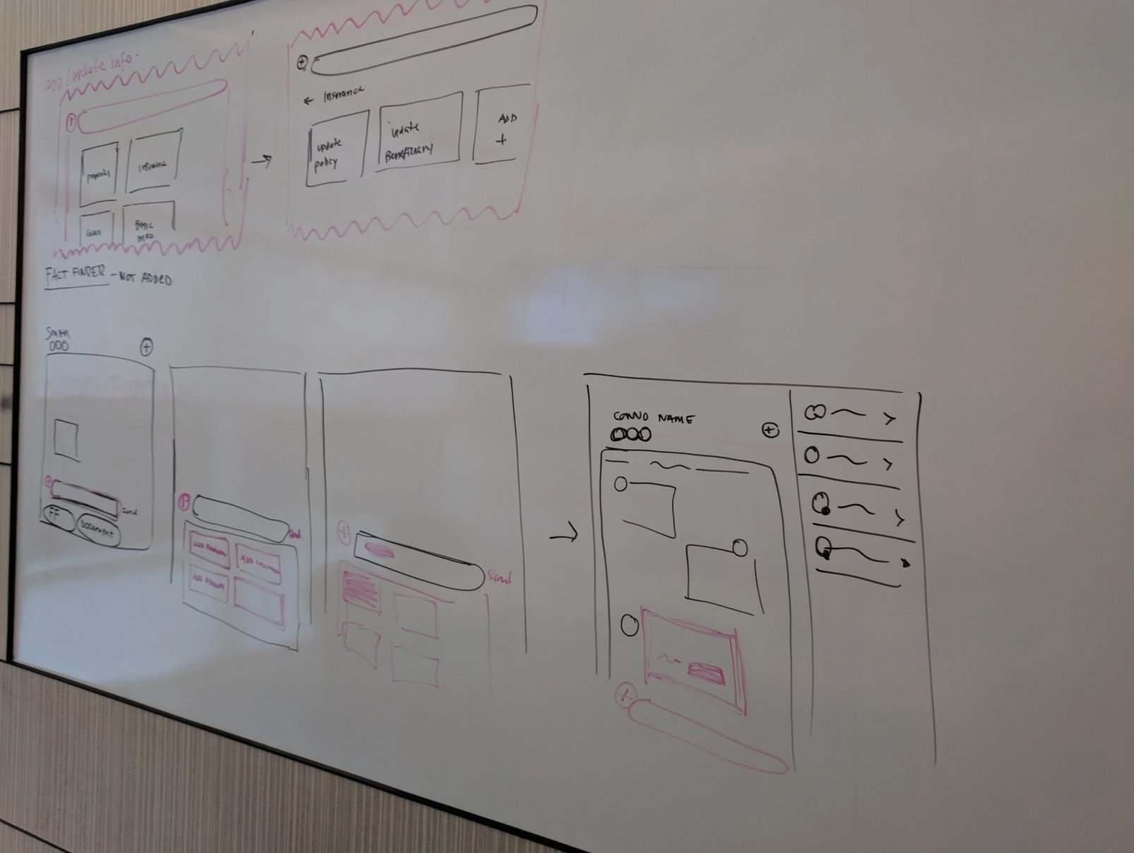Messaging whiteboard sketches — insurance flow + conversation view